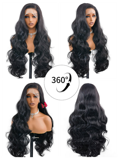 360-degree view of Addison by Ailsa's Wigs – Natural Black 28-Inch Body Wave Wig showcasing full-volume waves and realistic lace front from every angle.