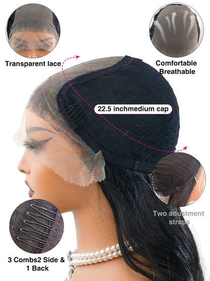 Inside construction of Addison by Ailsa's Wigs – 22.5-inch average cap size, transparent 13x6 lace front, 3 combs, and adjustable straps for a secure fit.