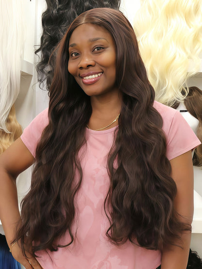 Susan | 28" Long Brown Body Wave Lace Front Synthetic Wig | Ailsa's Wigs