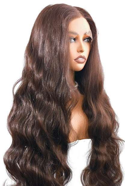 Susan by Ailsa's Wigs – Brown Black Body Wave Wig, 28-inch long, warm chestnut hue with amber gloss under light, elegant and graceful styling.
