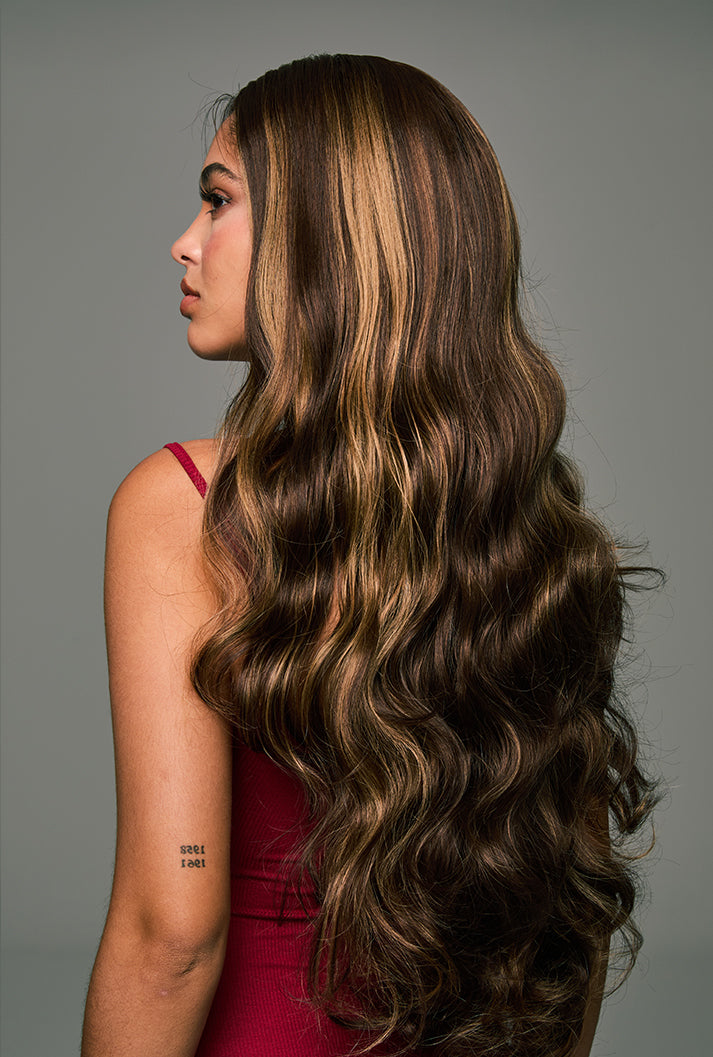 Willow | 28" Long Highlighted Brown Body Wave Lace Front Synthetic Wig | Ailsa's Wigs