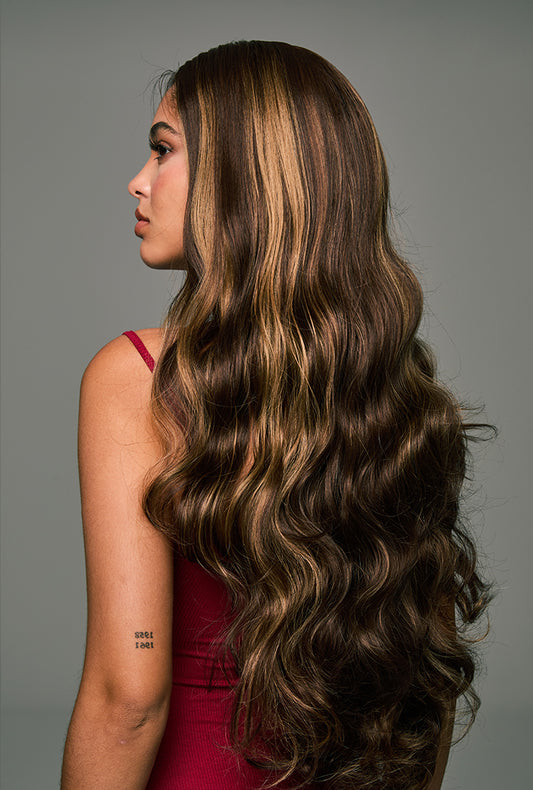 Willow | 28" Long Highlighted Brown Body Wave Lace Front Synthetic Wig | Ailsa's Wigs