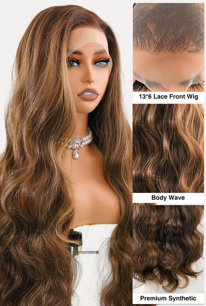 A detailed image of the Willow 28-inch loose wave lace front wig by Ailsa's Wigs, showing the large 13x6 lace front, natural body wave curls, and smooth, healthy ends.