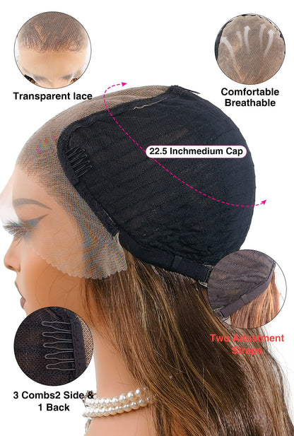 The interior of the Willow 28-inch lace front wig by Ailsa's Wigs, showcasing the 22.5-inch average cap size, breathable 13x4 lace material, and adjustable straps for a comfortable, secure fit.