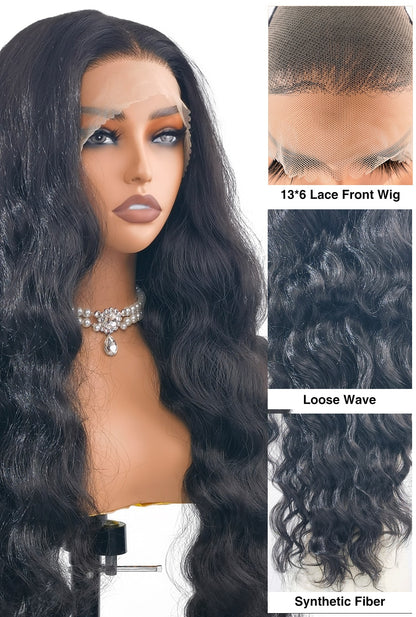 Close-up of Piper 32-inch natural black loose wave hair wig by Ailsa's Wigs, highlighting the 13x6 lace front for a flawless, realistic hairline.