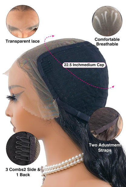 Interior view of the Piper 32-inch loose wave hair wig by Ailsa's Wigs, showing 22.5-inch average cap size and breathable 13x4 lace for comfort and secure fit.