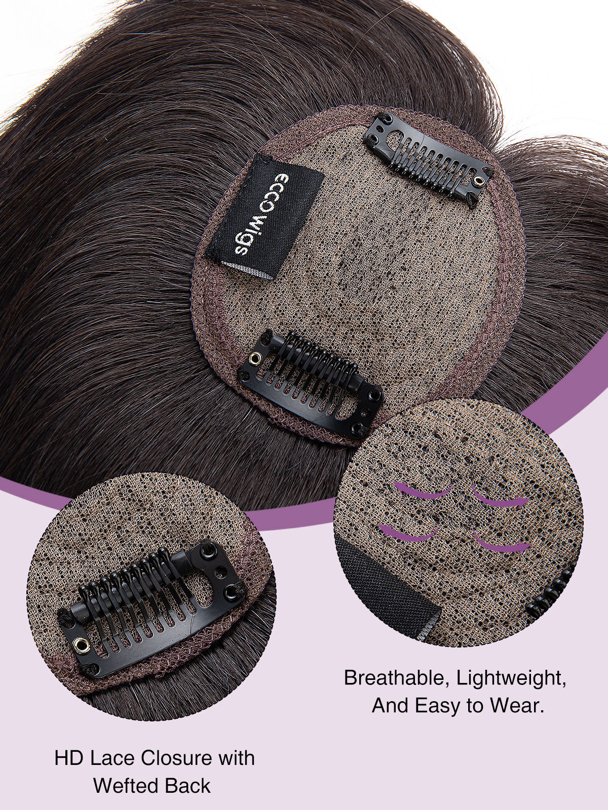 Elise in Natural Black | 9" Remy Human Hair Topper | HD Lace Closure with Bangs by ECCO Hair