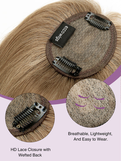 Elise in Soft Ash Brown Mix | 9" Remy Human Hair Topper | HD Lace Closure with Bangs by ECCO Hair