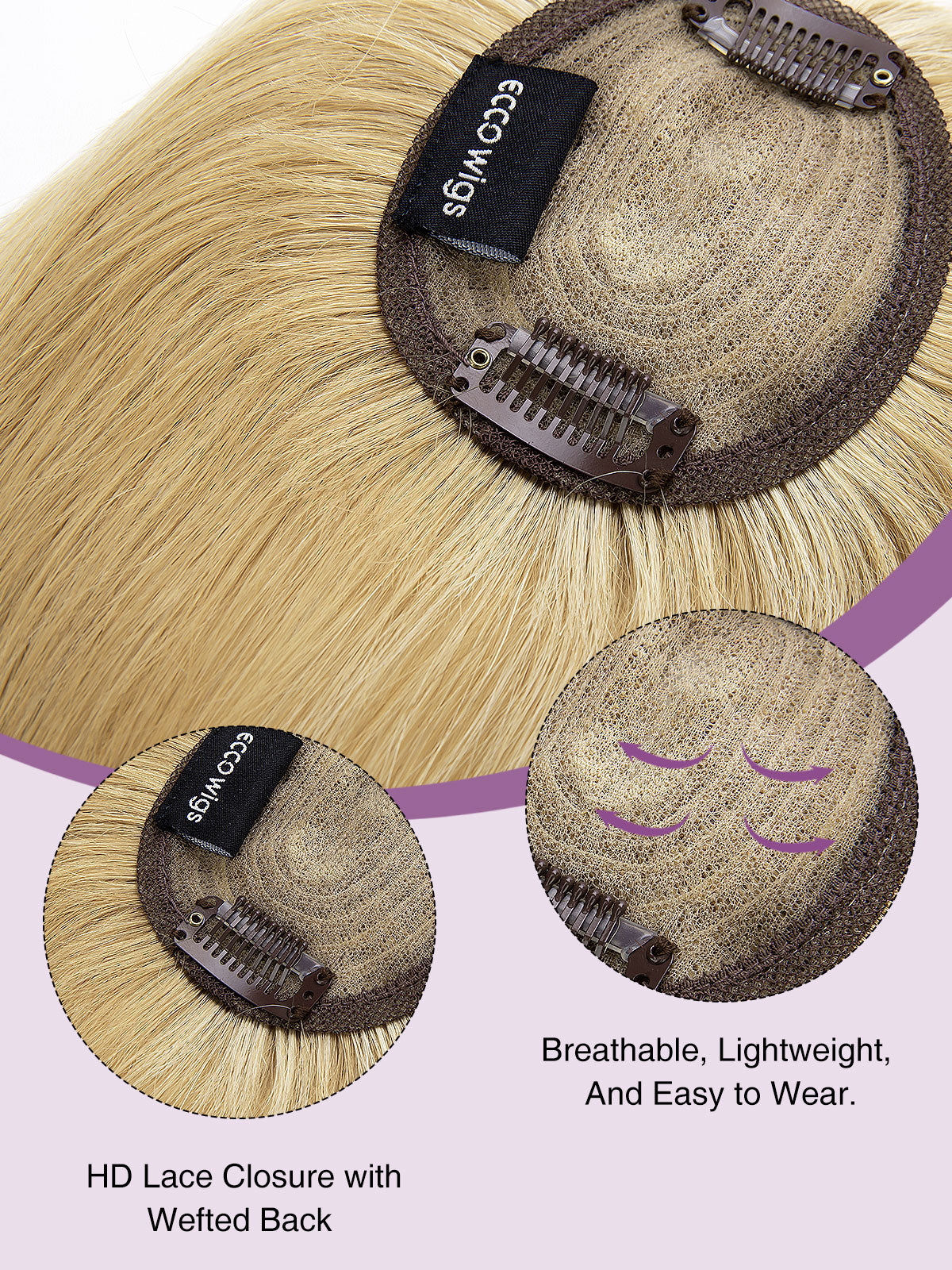 Elise in Cool Beige Blonde | 9" Remy Human Hair Topper | HD Lace Closure with Bangs by ECCO Hair