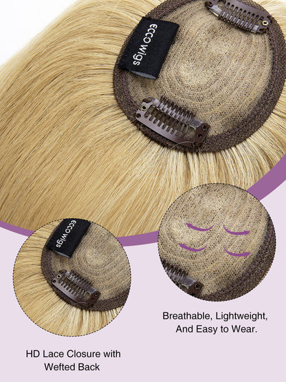 Elise in Cool Beige Blonde | 9" Remy Human Hair Topper | HD Lace Closure with Bangs by ECCO Hair