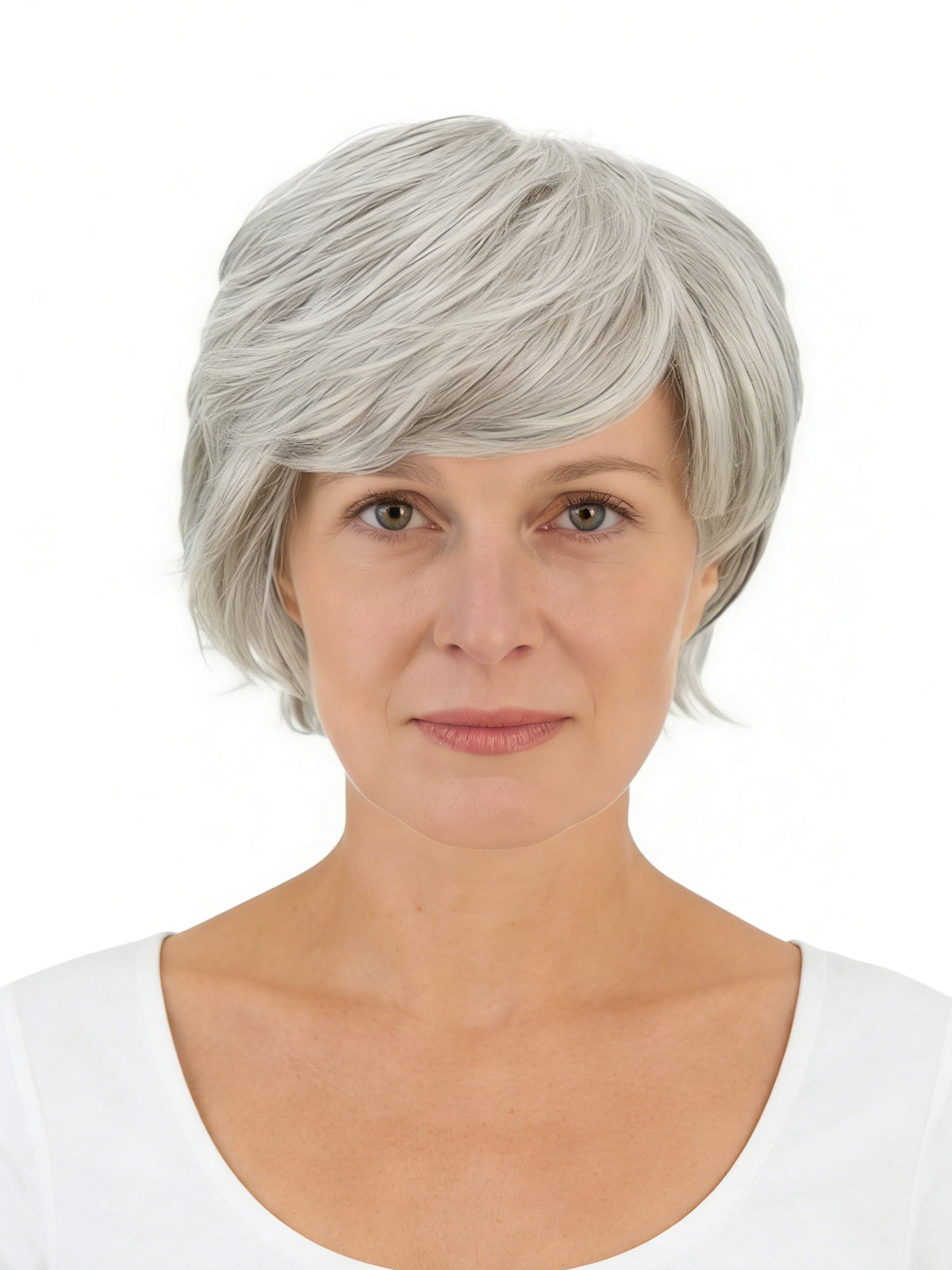 Irene in Mist Grey | Wefted Synthetic Short Straight Wig | Grey Layered Wig by Rieker Wigs