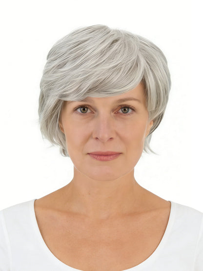 Irene in Mist Grey | Wefted Synthetic Short Straight Wig | Grey Layered Wig by Rieker Wigs