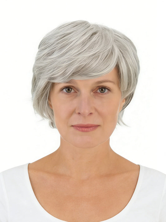 Irene in Mist Grey | Wefted Synthetic Short Straight Wig | Grey Layered Wig by Rieker Wigs