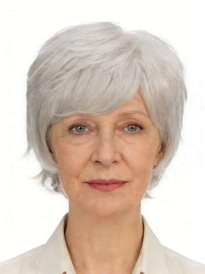 Irene in Smoky Beige | Wefted Synthetic Short Straight Wig | Ash Grey Wig by Rieker Wigs