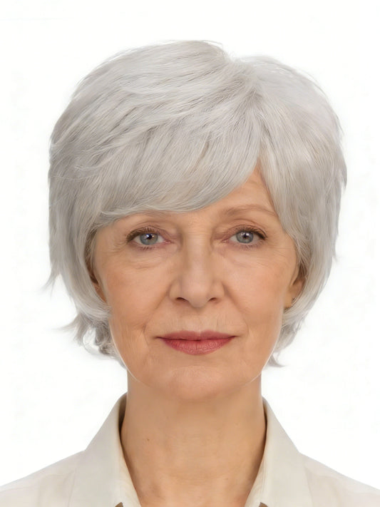 Irene in Smoky Beige | Wefted Synthetic Short Straight Wig | Ash Grey Wig by Rieker Wigs