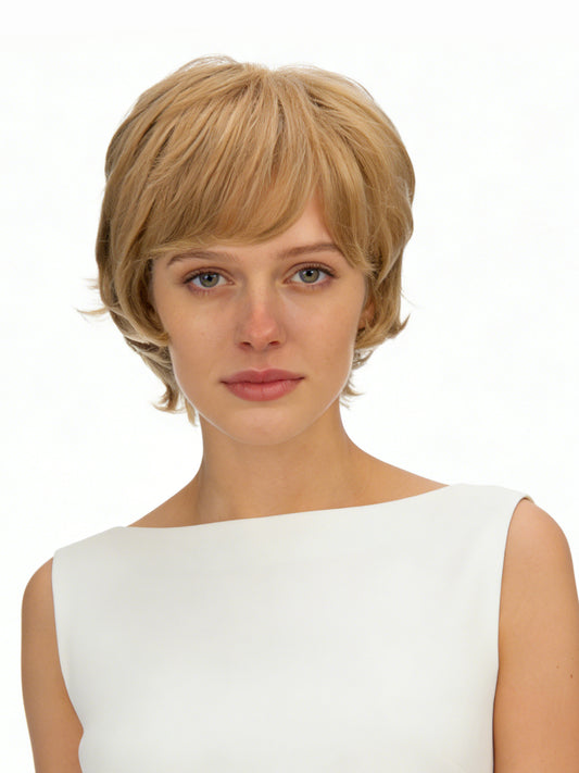 Irene in Golden Wheat | Wefted Synthetic Short Straight Wig | Blonde Wig by Rieker Wigs