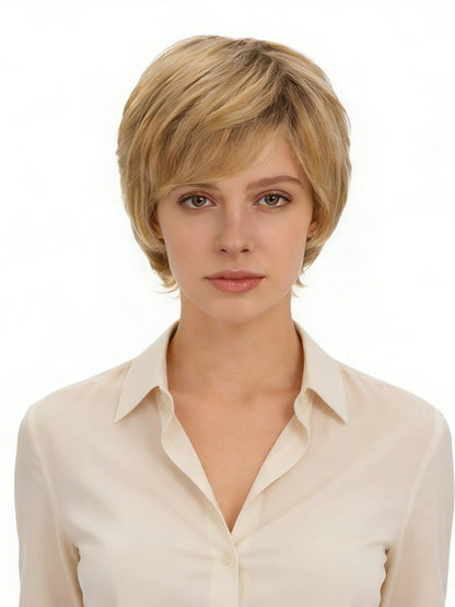 Isabelle in Honey Crème Rooted | Short Straight Synthetic Wig | Golden Blonde Wefted Wig by Rieker Wigs