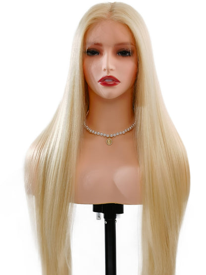 Front elegance of Nova wig: Ultra-long 32-inch platinum straight hair frames the face flawlessly, with heat-resistant fibers ready for styling.