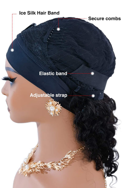Universal fit engineering: Lewis and Ailsa's 22.5-inch base cap with stretchable nape adjusts to head sizes 21-24 inches, while remaining breathable for all-day wear.